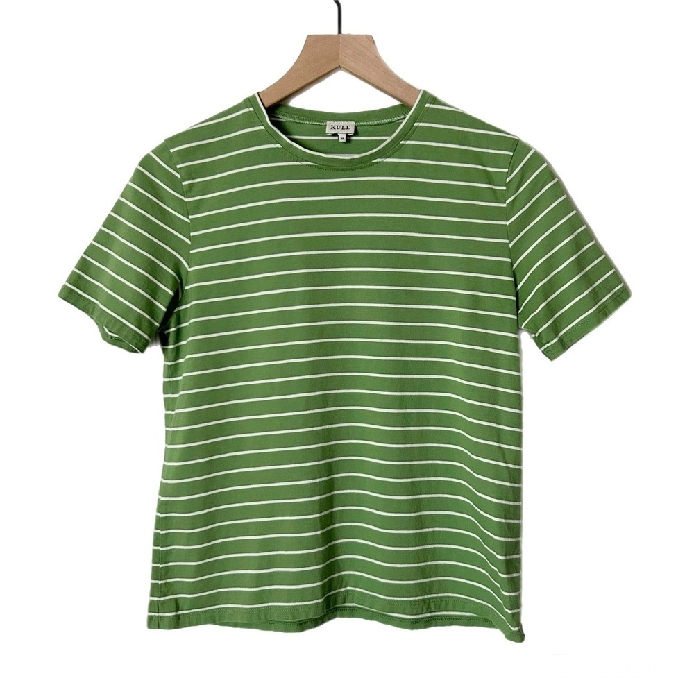 Kule Women's Modern Stripe Short Sleeve Cotton Crewneck T-Shirt Green White XS